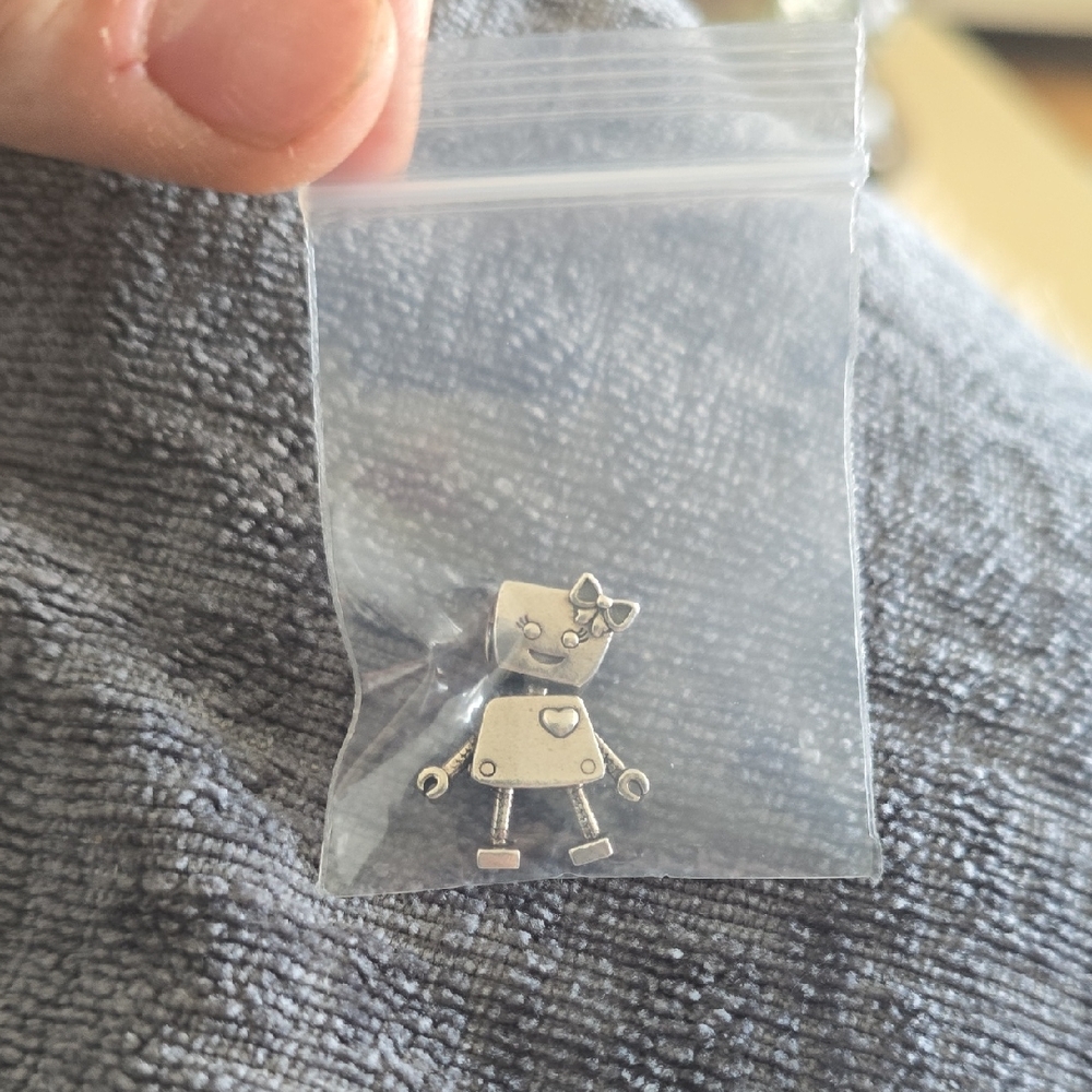 Pandora Silver Robot Charm with Bow and Heart